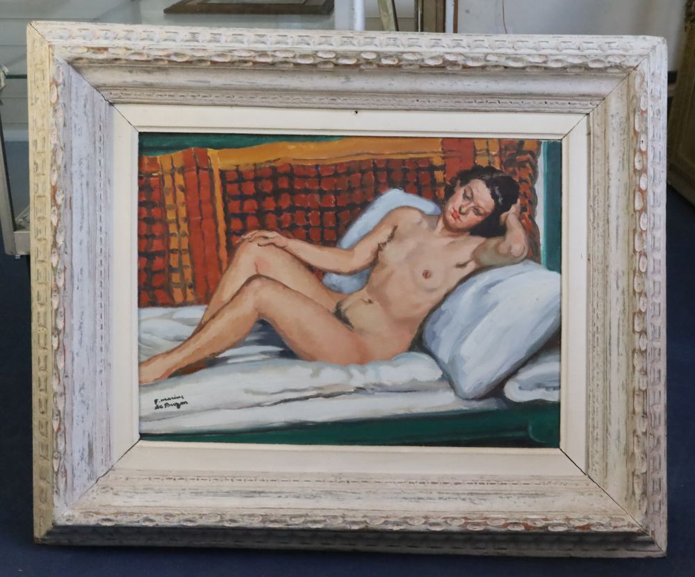 Francois Marius De Buzon (1879-1958), oil on canvas, Reclining female nude, signed, 48 x 65cm